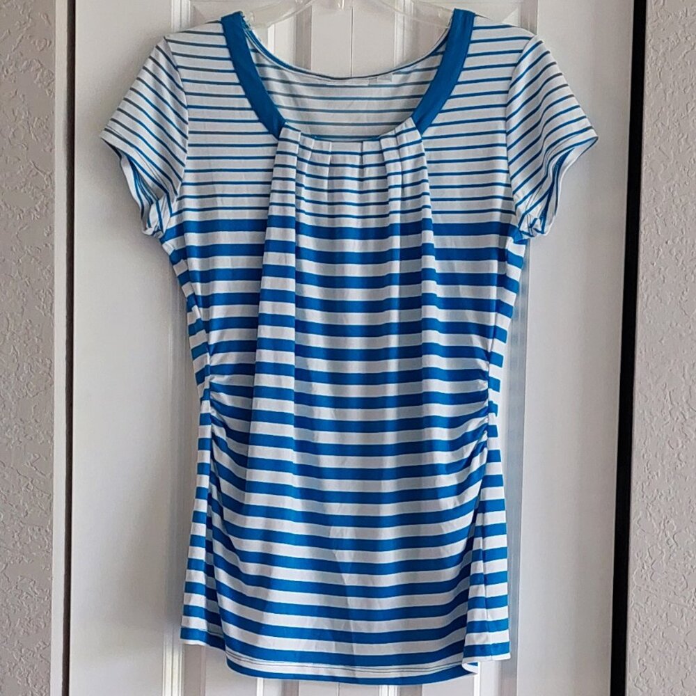 New York & Company Blue & White Stripe Short Sleeve Blouse Women's Size M